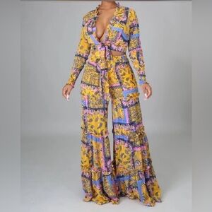 Boho Patchwork Paisley Two-Piece Set: Smocked Top & Wide Leg Pants Size Small